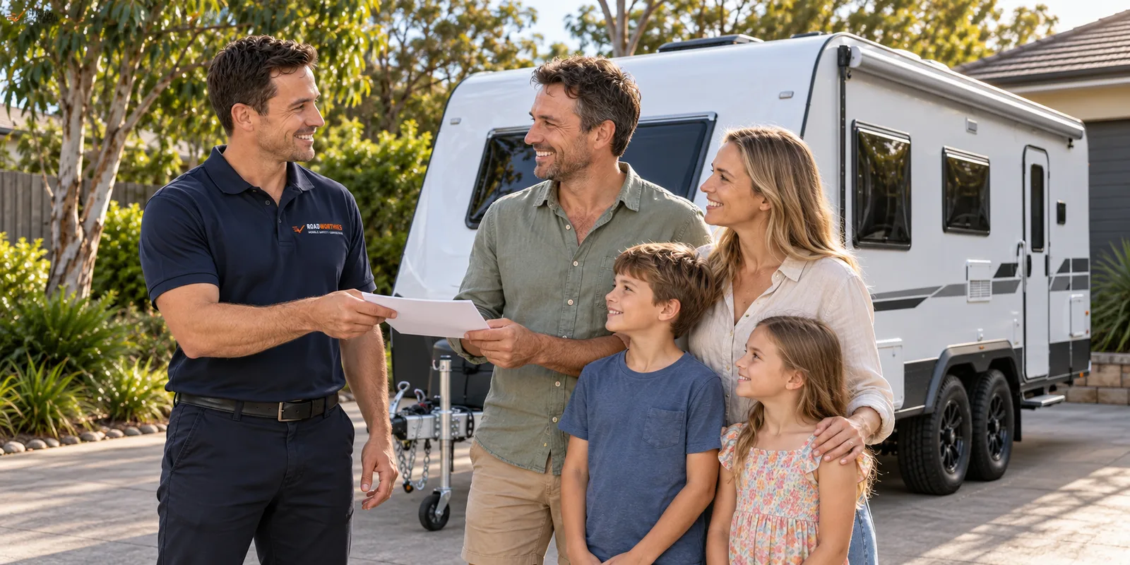 Illustrative Roadworthies inspector handing a certificate sheet to a happy family beside a caravan