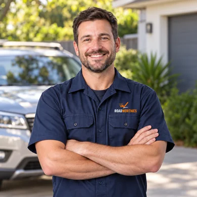 Illustrative smiling mechanic with folded arms, a Roadworthies shirt logo and a car behind him