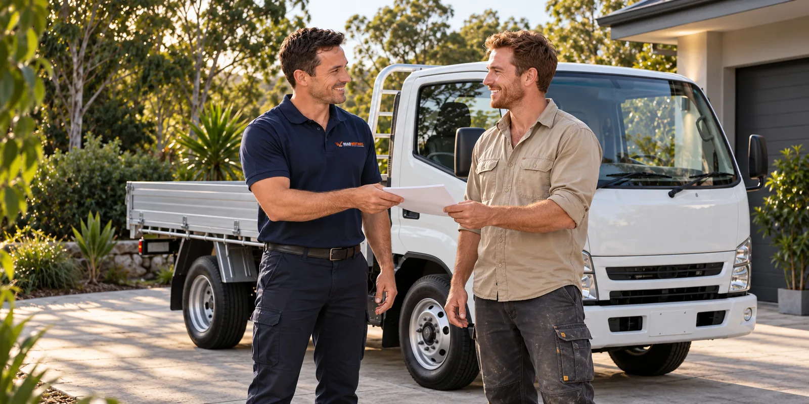 Illustrative Roadworthies inspector handing a certificate sheet to a happy tradesperson beside a light truck