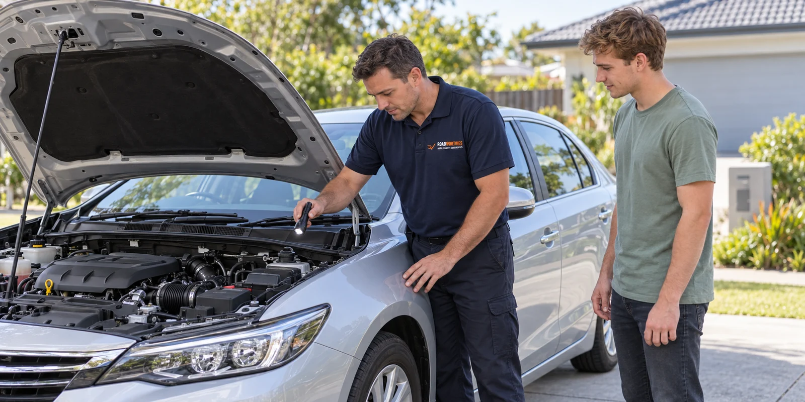 Illustrative Roadworthies inspector checking a silver four-door car with its bonnet open while a young adult male customer watches